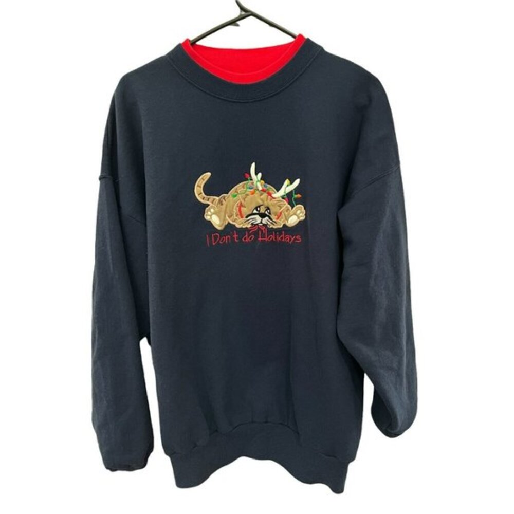 Vintage M&C Sportswear Christmas Cat Holiday Grandma Sweatshirt Blue Funny‎ XL